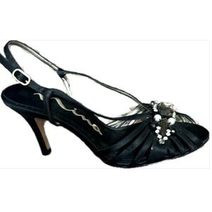 Nina Vintage Black Satin Jeweled Slingback Strappy Heels Evening Prom 90s Y2K